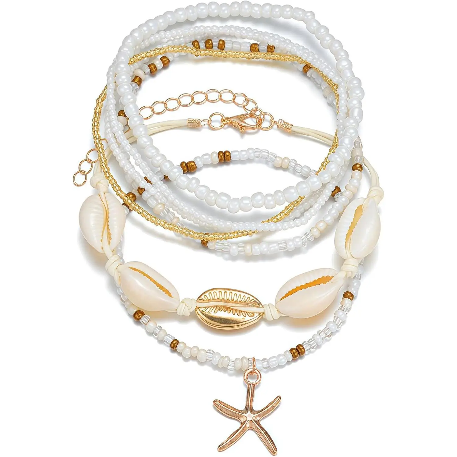 Shell Ankle Bracelet Set for Women,  Plated Boho Bead Adjustable Anklet, Hawaiian Beach Seashell  Heart Starfish Conch Foot  Gifts