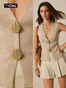 Women's Shell Decor Knit Sweater Vest, Casual Basic Sleeveless V Neck Knitwear for Spring&fall, Fashion Women's Knit Clothing for Daily Wear, Clothe, Womenswear, Lady Minimalist, Minimalist Fitted Vest, Casual Comfy Vest, Knit Vest Tops