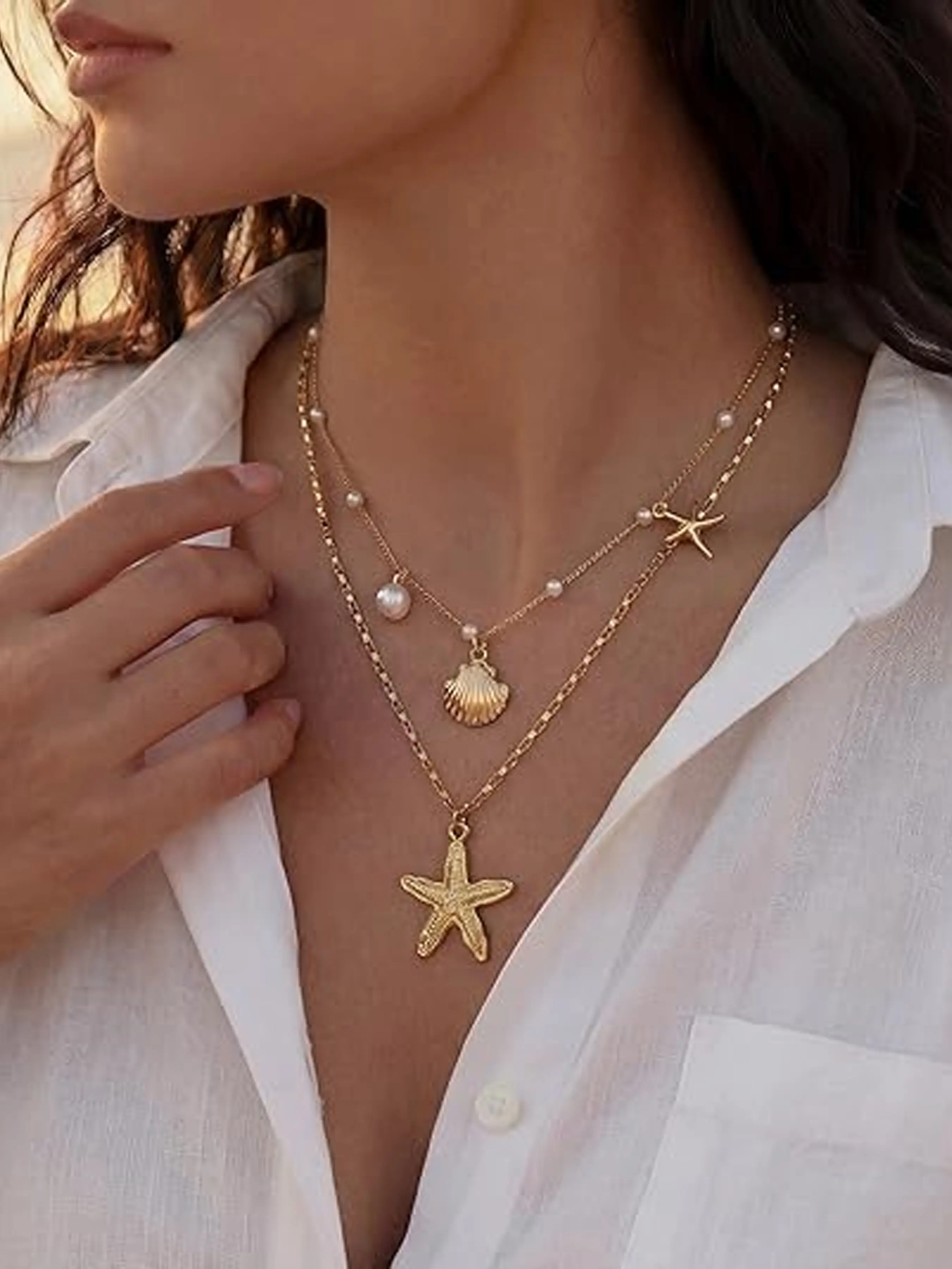 Sets of 2 Shell Starfish Layered Necklace for Women, Boho Beach Jewelry, Pendant, Adjustable, Pearl Conch Charms, Coastal Summer Gift
