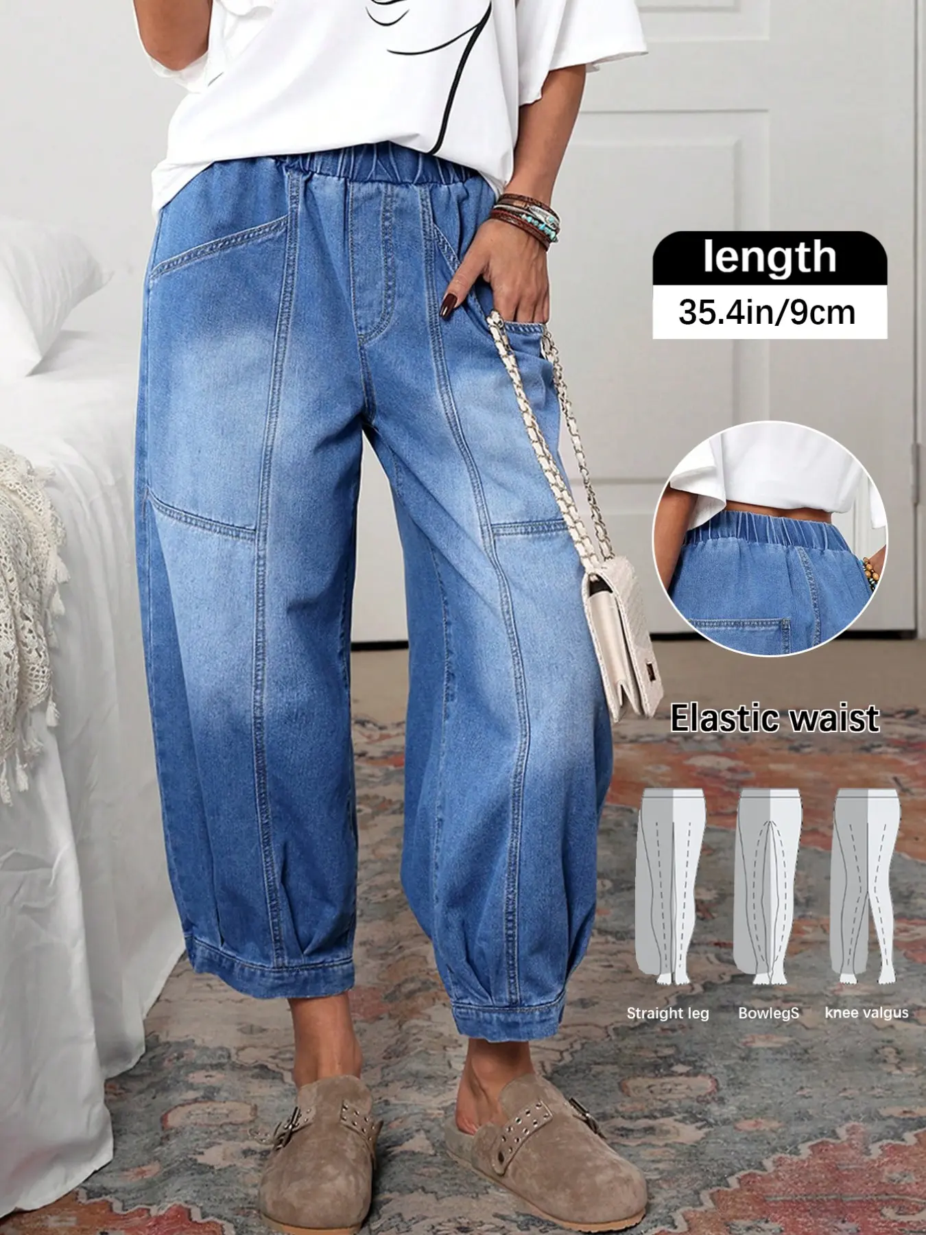 Women's High-Waisted Chambray Jeans, Elastic Waist Capri Pants, Vintage Workwear Style, Loose Fit, Plain Surface, All-Season Casual Wear, Bottom