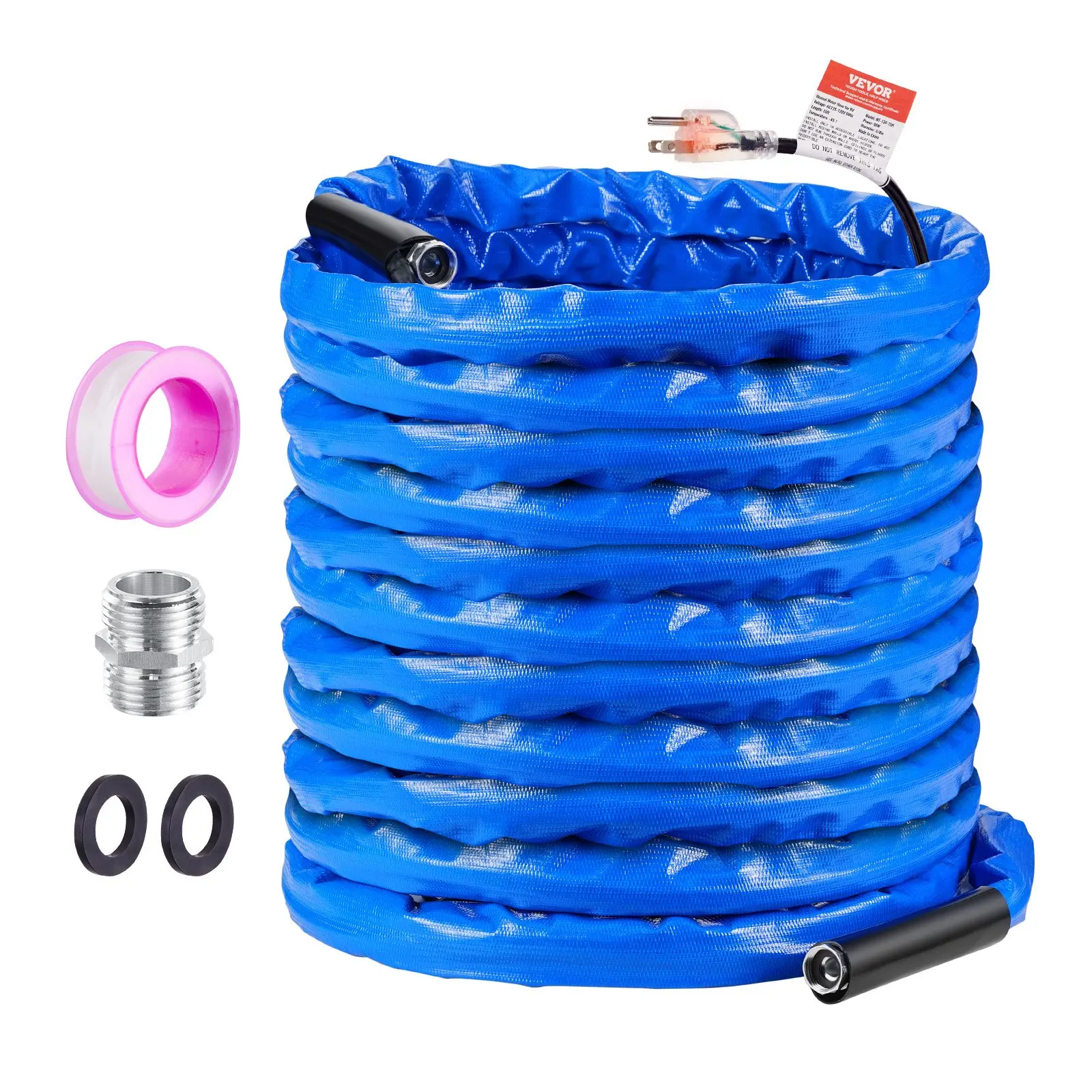 VEVOR Heated Hose for RV, 100ft Lead-Free PVC Heated Drinking Water Hose with Corrugated Cover, Antifreeze to -45F, Automatic Self-Regulating, 5/8" I.D., 3/4" GHT Adapter, Rubber Seals, BPA-Free