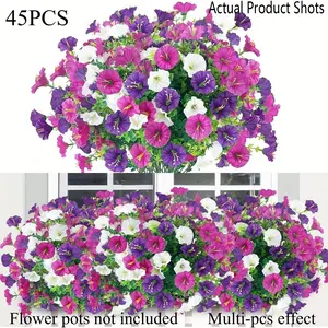 45 PCS of Artificial Low Petunias for Outdoor Use, Resistant to Wind And Rain, Vibrant Purple, Pink, Plastic Hanging Decorations, Artificial Hanging Plants, Suitable for Balcony And Terrace Flower Boxes, Wedding And Event Arrangements