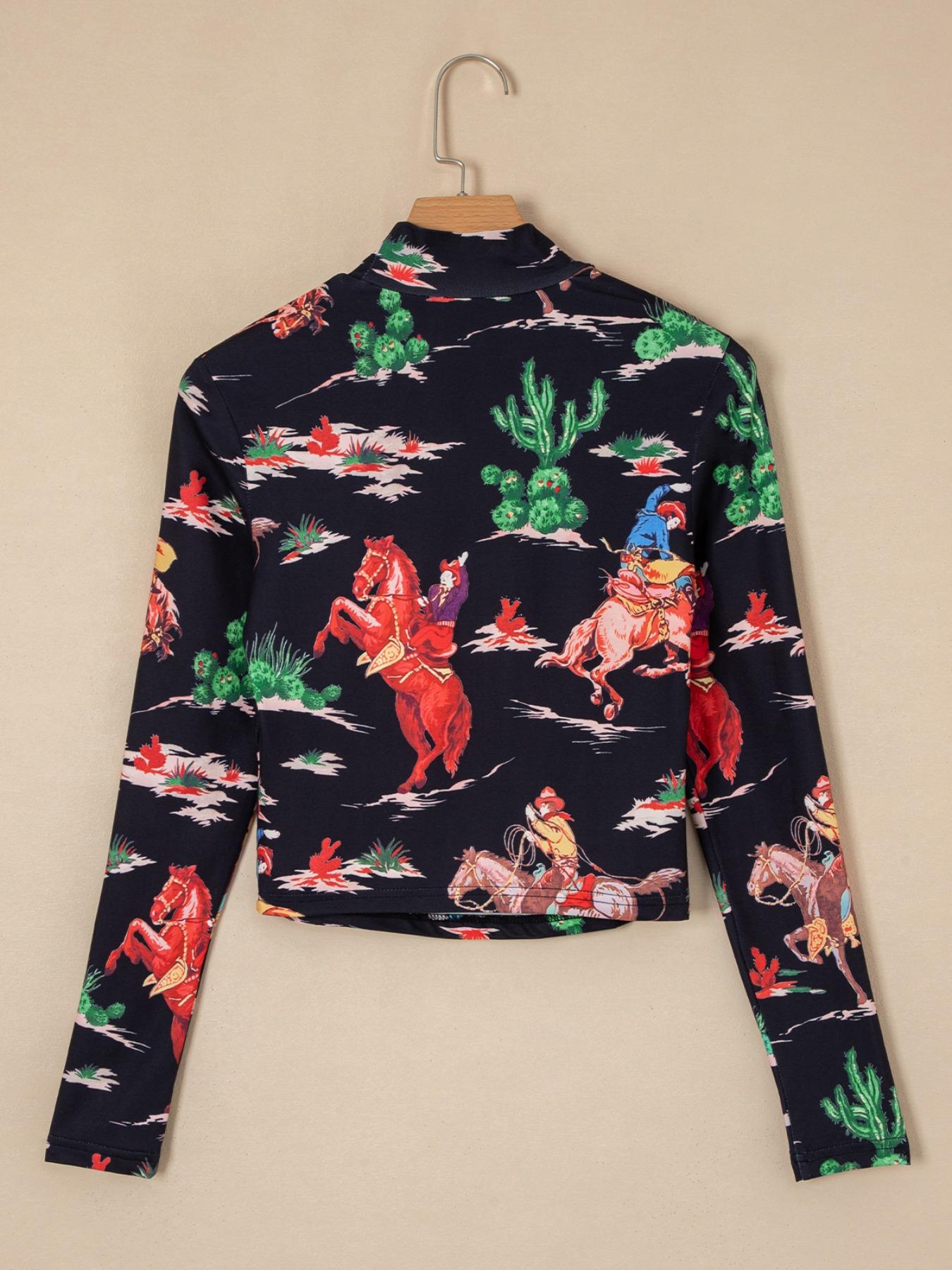 Women's Horse Print Cut Out Mock Neck Tee, Casual Long Sleeve Crop T-Shirt for Spring & Fall, Women's Top for Daily Wear, Womenswear