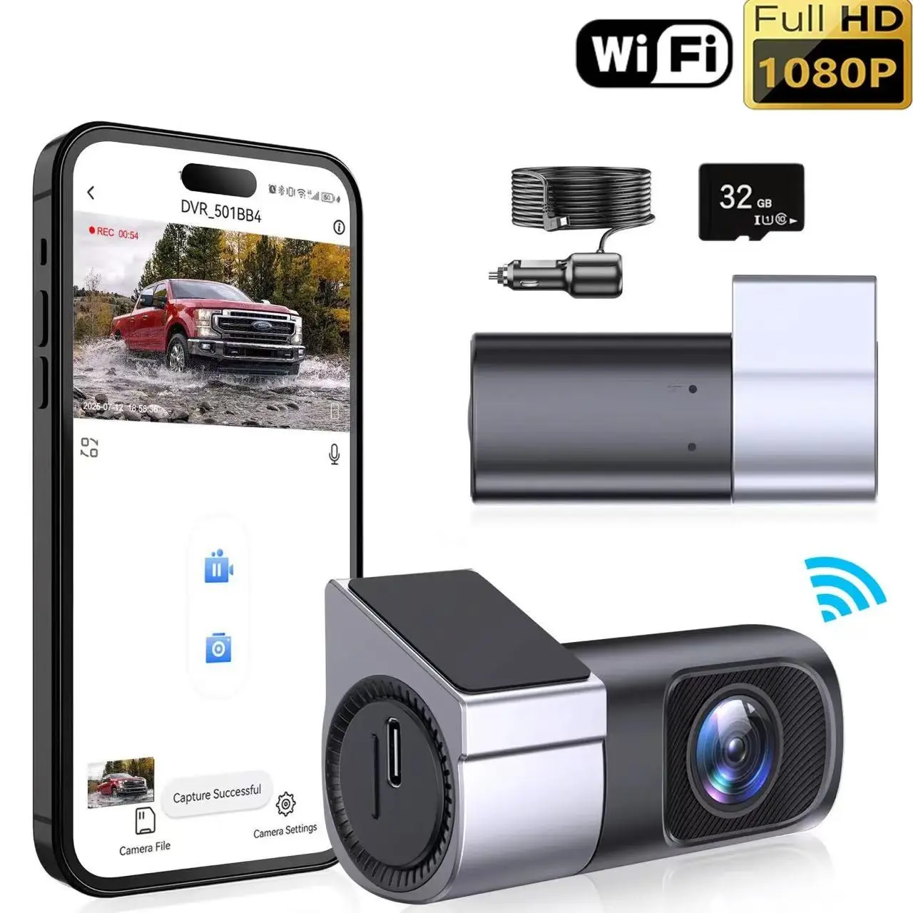 Ultra-Thin 1080P Fhd Car Dash Cam, HD Dashboard Camera, Wi-Fi Control, Loop Recording, G Sensor, 145° Wide Angle, Hdr, 32GB Storage