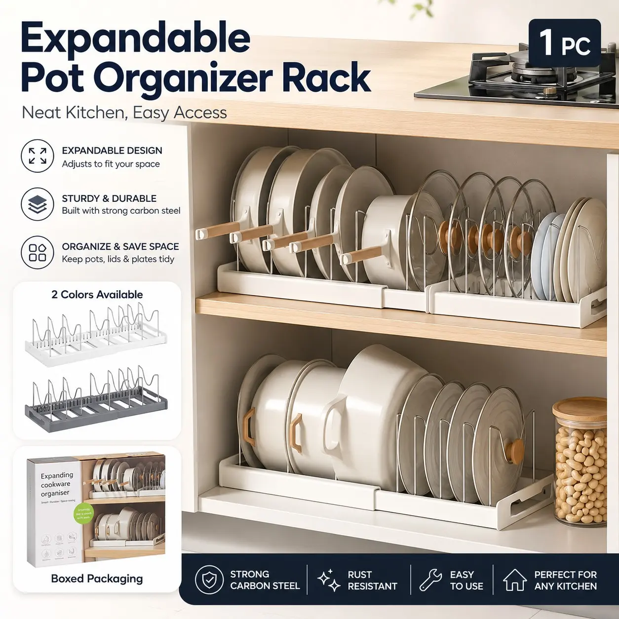 Kitchen Utensils and Frying Pan Storage Rack, Pull-Out Lid Organizer, 8 Adjustable Partitions, Under Cabinet Placement, Baking Accessories