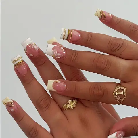 24pcs French Style Nail Wraps, Nail Art Decoration, Two-Tone, Gold Chain Design, Medium-Length, Includes Jelly Glue & File, Perfect for Parties & Office