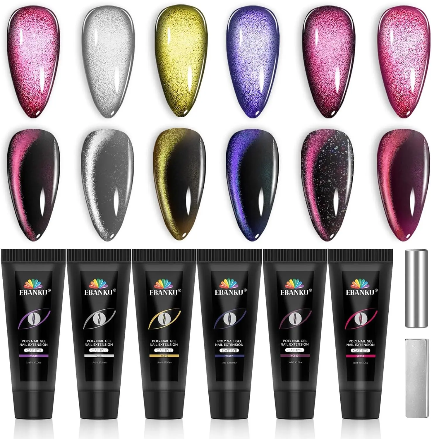 Ebanku Light Therapy Nail Extension Kit, 6 Color Glitter Cat Eye Gel, Magnetic Builder Gel, French Nail Extension Professional DIY Set