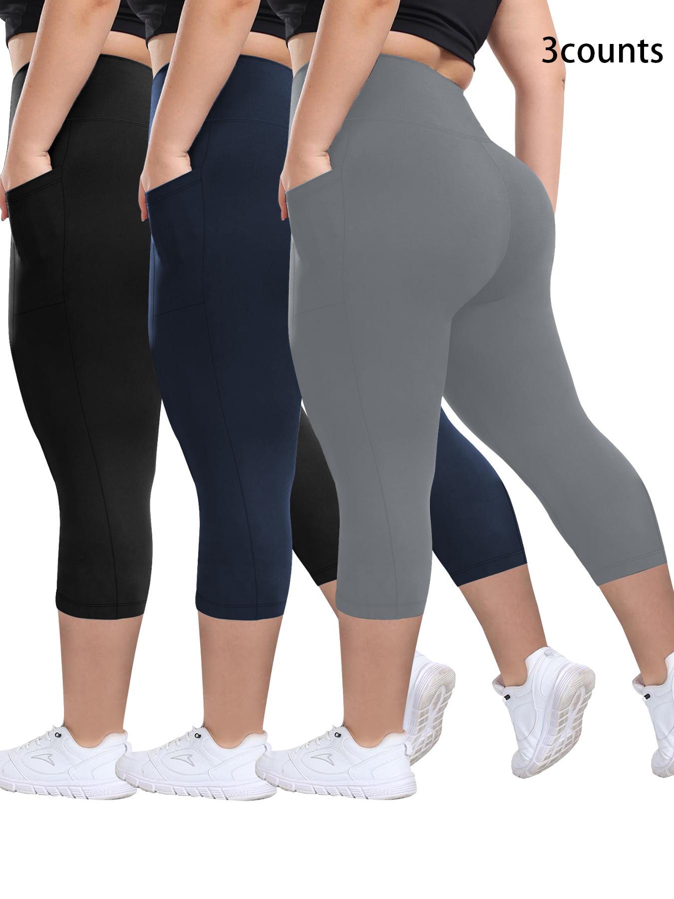 Plus Size Plain Pocket High Waist Capris Leggings, High Stretch Leggings, Casual Comfy Breathable Skinny Capri Pants for Daily Wear, Women's Plus Bottoms for Summer, Workout Clothes