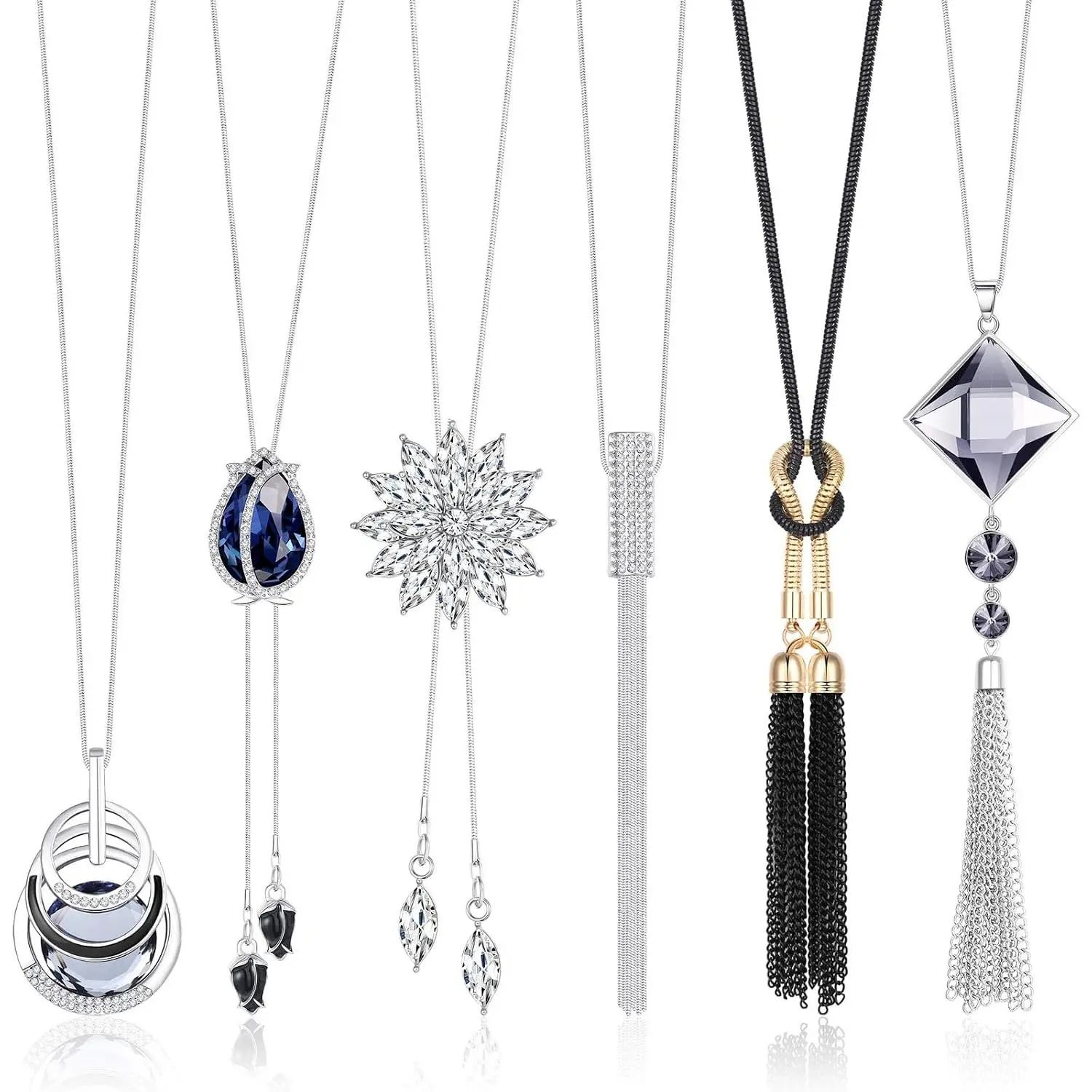 ORAZIO 6Pcs Women Long Sweater Necklace Silver Plated Rhinestone Flower Tassel Pendant Neckace Jewelry Women Gifts