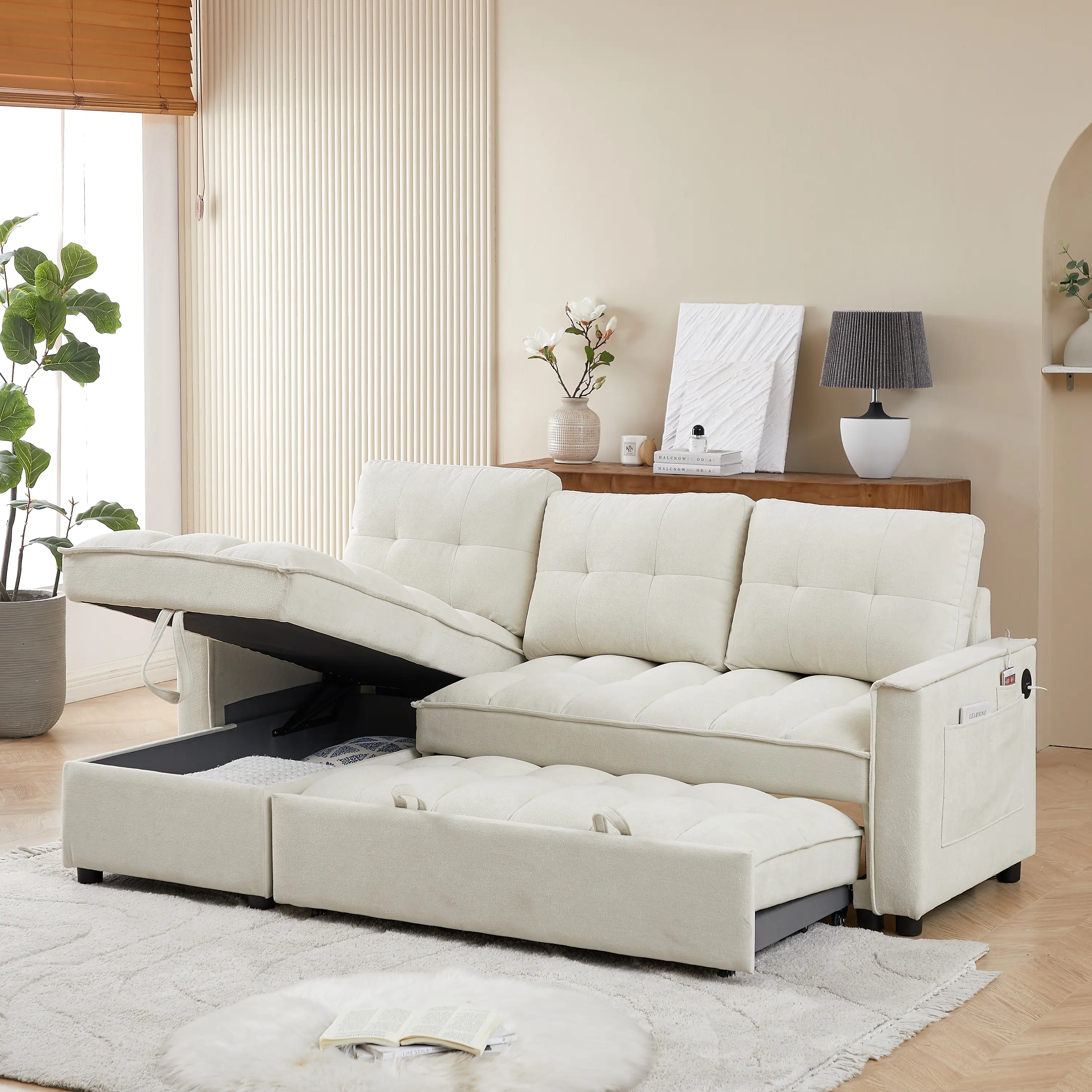 ARCH 71.3" Reclining Sectional Sofa Bed with USB Charging Ports, L-Shaped Chenille Sofa with Reversible Chaise, Storage Drawer, Side Pocket, Solid Wood Frame, 3-Seat Living Room Furniture, Beige, Beige Color Options, Chenille Material