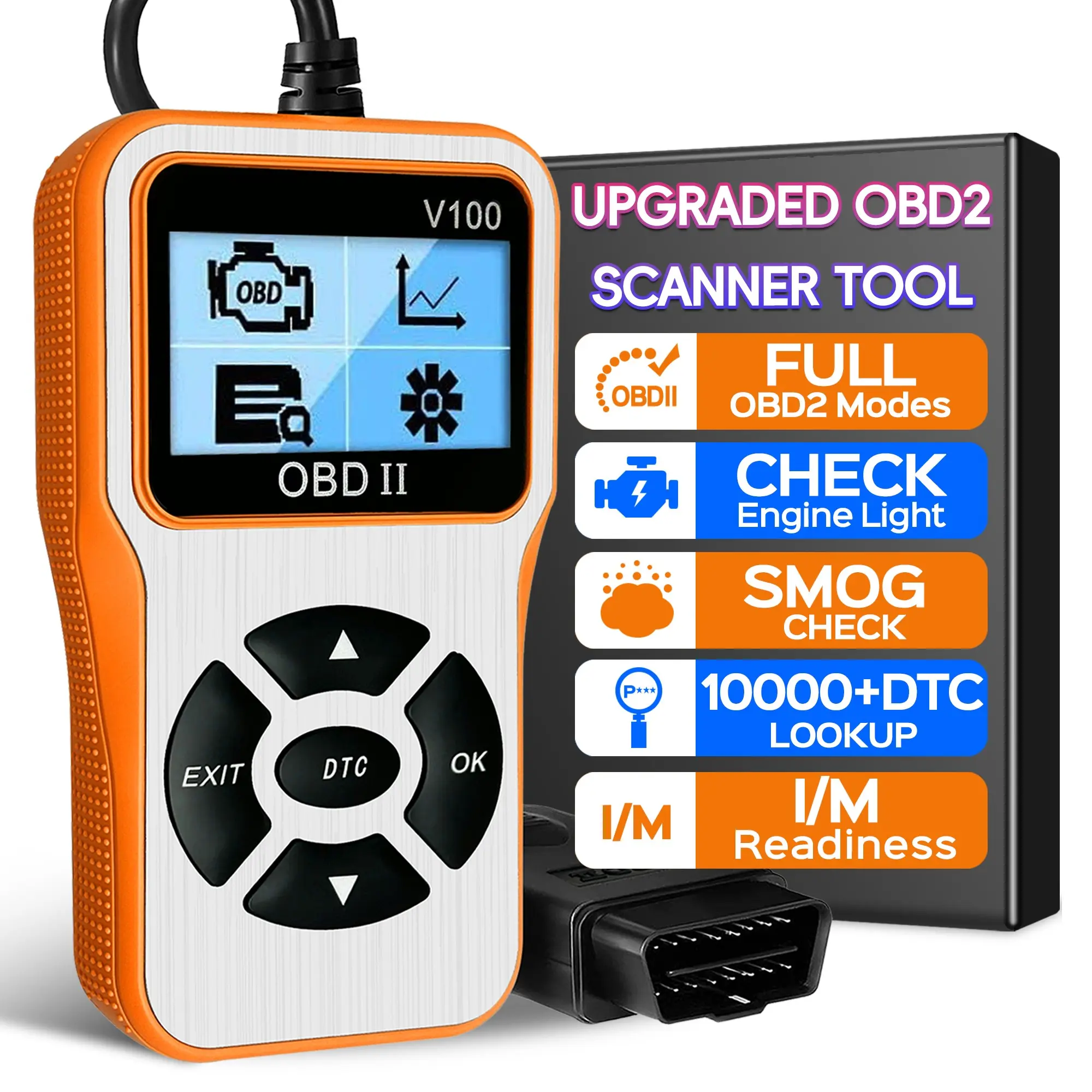 OBD2 Scanner Diagnostic Tool, Car Code Reader with Built in DTC Lookup, Check Engine Light Reader, Live Data, I/M Readiness, Battery Voltage Test, for 1996+ Vehicles
