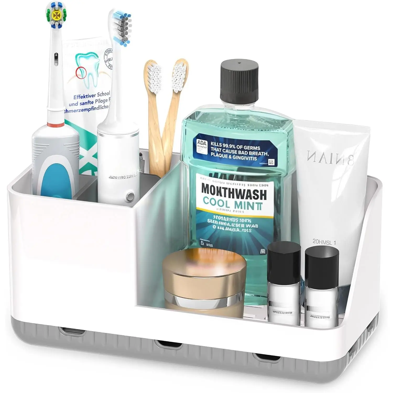 Modern Bathroom Counter Holder Organizer & Storage, 8.13x3.8x3.98" Detachable Unit with Anti-Slip Base, Drain Grid & Sink Decor Accessory Holders