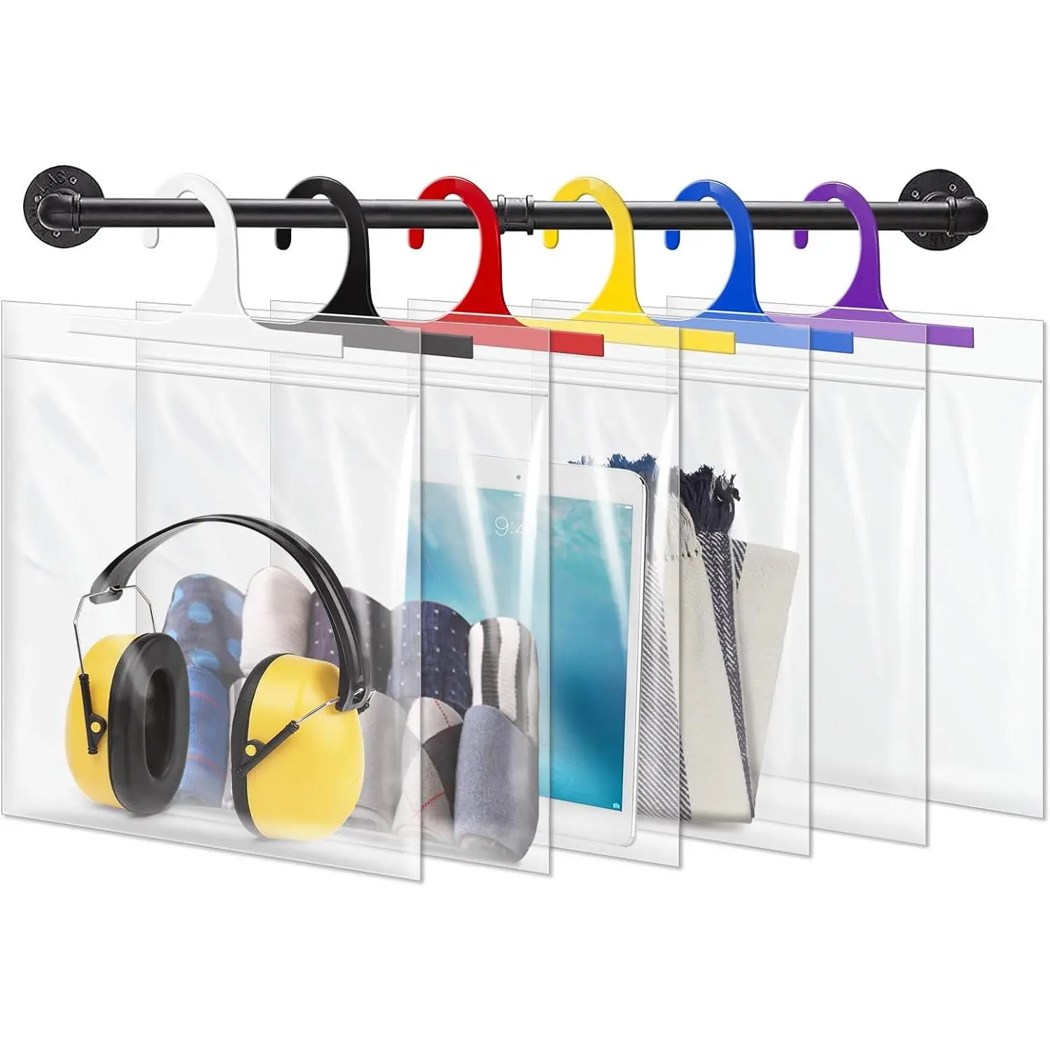 24 Pack Hanging Storage Bags, Headphone Storage Bags, Colorful Large Hook 10 x 12.5-inch Clear Plastic Bags for Classroom, Library, and Pharmacy Use