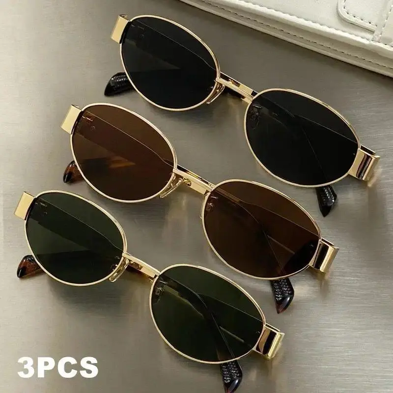 3-Pack Women's Stylish Oval Sunglasses, Metal Frame with Tinted Lenses for Sun Protection, Trendy Shades for Beach Wear, Stylish Sunglasses, Fashion Sunnies, Sunglasses For Women