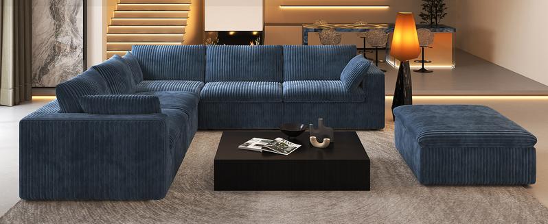 ARCH 78.74" L Shaped Modern Sofa Modular Sectional Cloud Couch with Ottoman,Upholstered Couches with Plush Corduroy Fabric for Living Room Furniture,Bedroom and Apartment,No Assembly Required,Blue