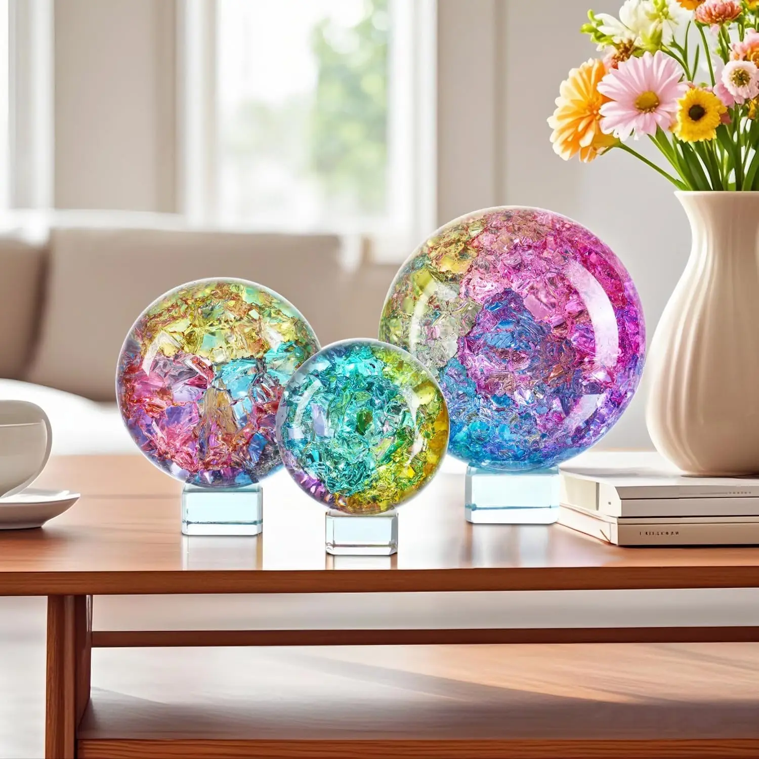 Crystal Ball Set of 3 Colorful Glass Decorative Spheres with Stands Premium K9 crystal Includes 3 matching display bases Three versatile sizes for elegant home and office décor