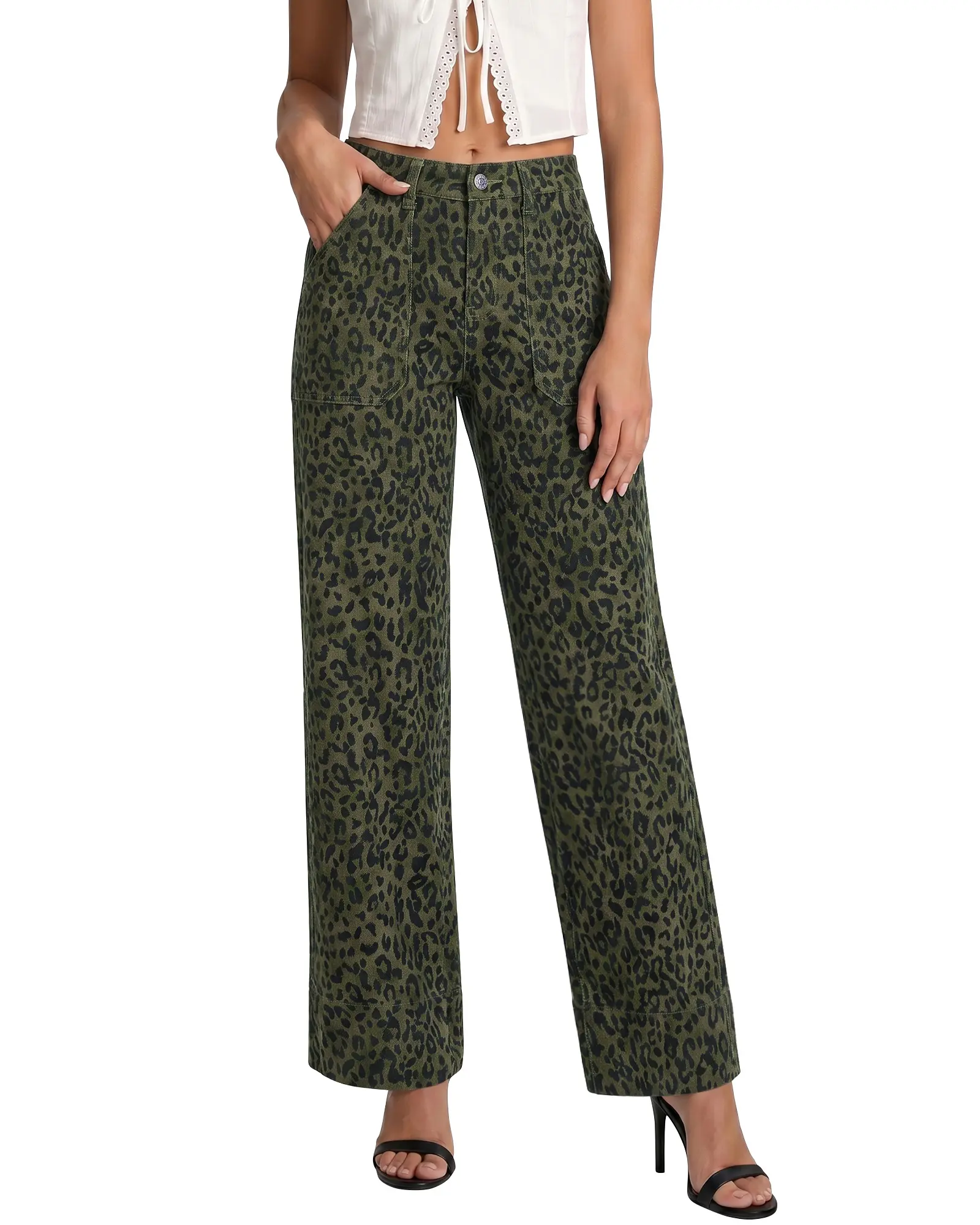 luvamia Womens High Waisted Wide Leg Leopard Pants Cheetah Print Jeans | Modern figure flattering wide leg silhouette, bold and wild denim staple, stretchy leopard jeans