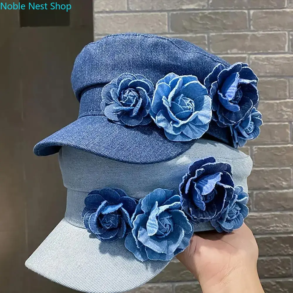 Women’s Adjustable 3D Rose Floral Denim Octagonal Newsboy Beret Hat - Stylish Unisex Names Headwear for Outdoor, Party & Daily Casual Outfits (Spring Autumn), One Size