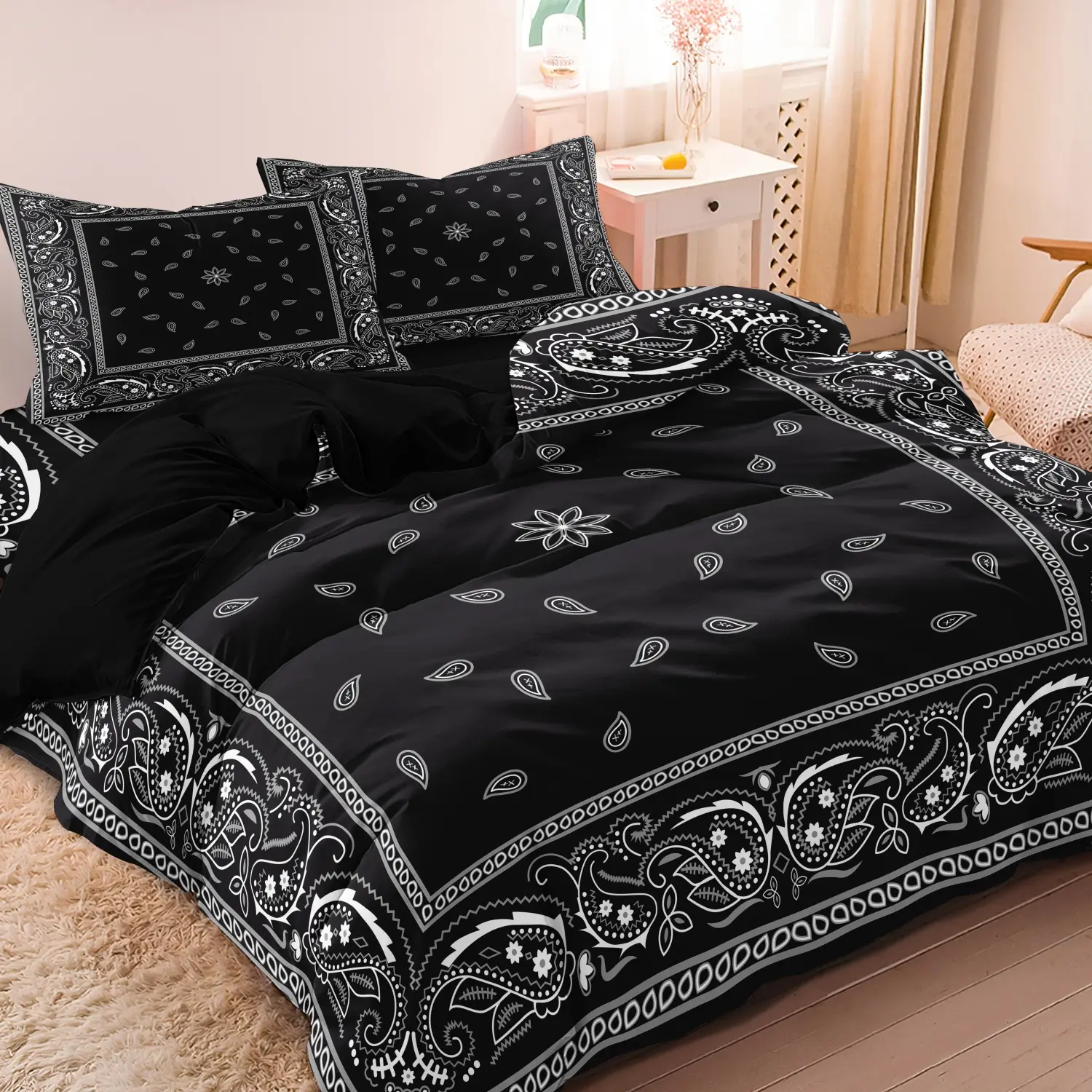 3Pcs Black Paisley Print Duvet Cover Set, White Vintage Floral Bohemia Printed Decorative Bedding Set, Soft Microfiber Streetwear Aesthetic Bedding For Bedroom Home Decoration, Boho Duvet Cover (1 Duvet Cover + 2 Pillowcases, No Comforter No Pillow)