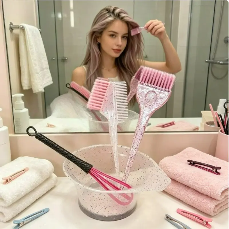 4-Piece Highlight Hair Dye Kit, Includes Shiny Brush, Soft Bristle Brush, Mixing Stick, Highlight Bowl, Reusable Tools for Salon-Style at Home, Hair Highlighting Kit