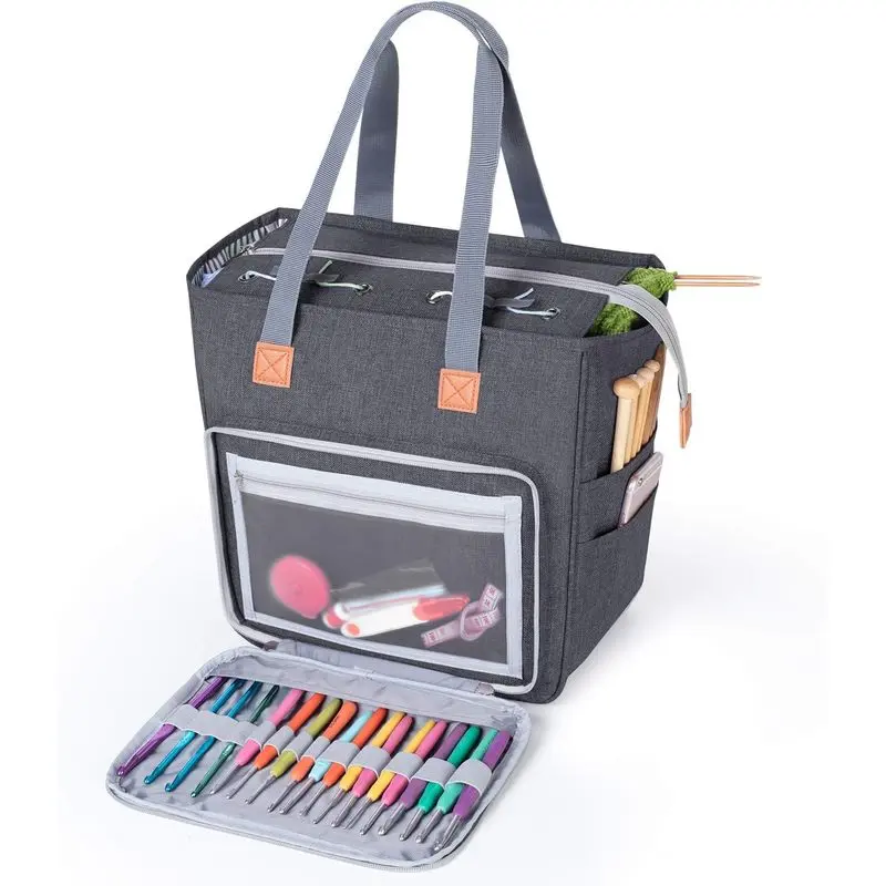 Knitting Yarn Storage Bag, Large Crochet Organizer Tote for Yarn Balls, Needles, Hooks & Craft Project Accessories