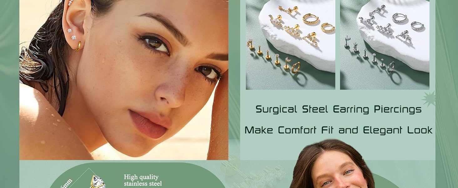 LOLIAS 12Pcs 16Gauge Cartilage Earrings for Women Flat Back-Hypoallergenic Surgical Stainless Steel Stud Hoop Cartilage Earring Set Daith Conch Tragus Helix Piercing Jewelry Single PC