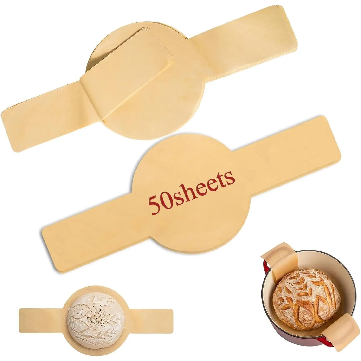 8" Bread Sling Dutch Oven Liners, 50 Pcs Round Unbleached Brown Parchment Sheets with Long Handles, Non-Stick Odor-Free Food Grade Parchment Paper for Bread Baking Sourdough Accessories