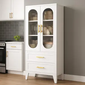 Modern 73.6" Tall White Metal Storage Cabinet with Fluted Glass Doors, Slim Cold-Rolled Steel Pantry Cabinet with 2 Drawers & Adjustable Shelves, Aesthetic Display Organizer for Kitchen, Living Room