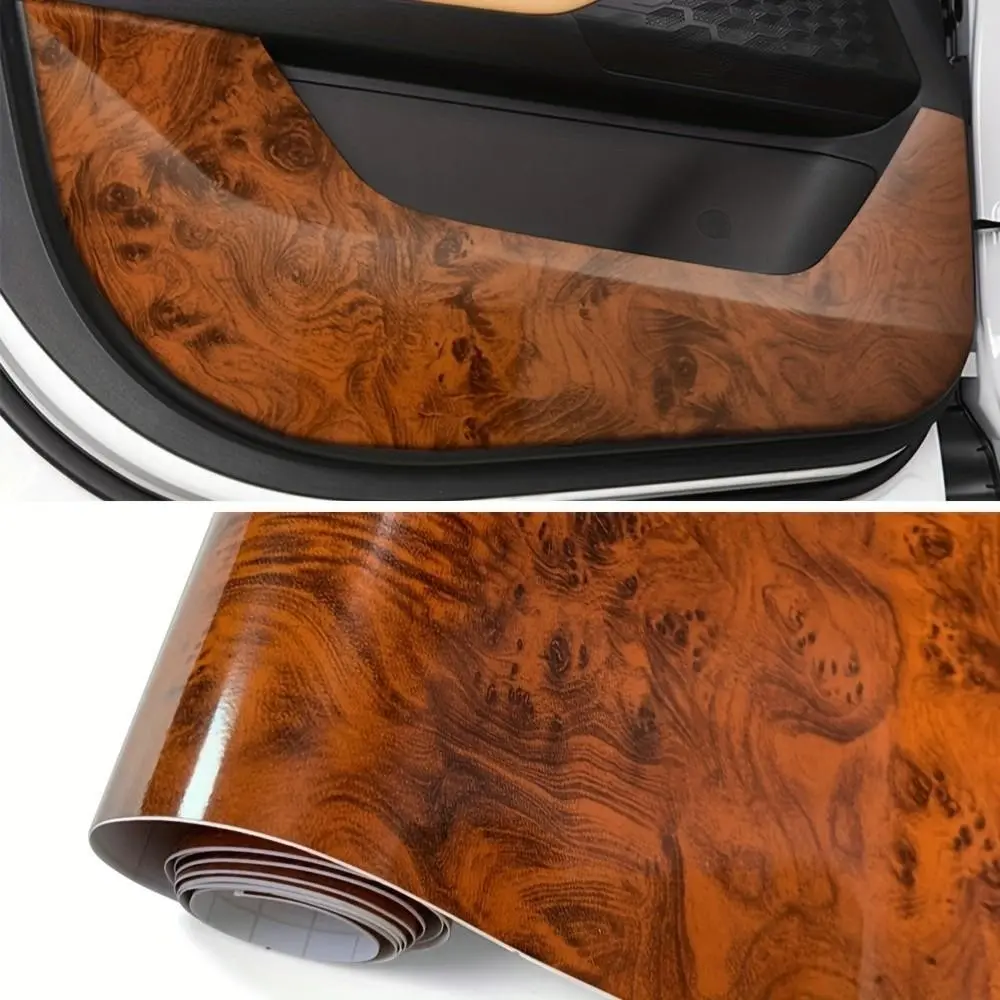 1Roll 30×200cm/11.81×78.74in Car Wood Grain Vinyl Wrap, Brown Glossy Vinyl Car Interior Wrap, Elegant High-end Center Console Dashboard Self-adhesive Waterproof Scratch-proof Breathable DIY Car Sticker