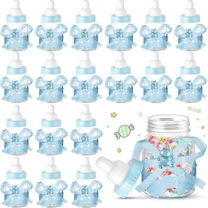 36 Pcs Plastic Mini Milk Bear Bottles Party Favors Candy Jar with Ribbon for Baby Shower Decorations Centerpieces Gifts(Blue,Stylish)