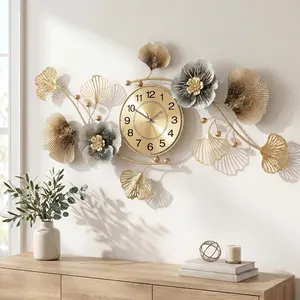 Wall Clocks for Living Room Decor,Large Wall Clock, Creative Metal Ginkgo Leaf Design,with Silent Movement Wall Clocks for  Wall Decor Clock(33"x18")