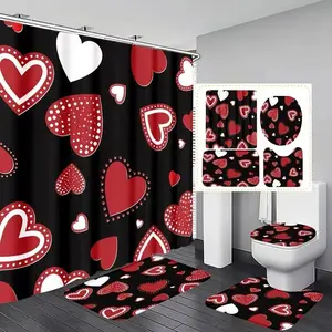 1/4-piece Valentine's Day heart-themed shower curtain set, Bathroom shower equipment, includes a non-slip mat, U-shaped rug, and toilet seat cover. Comes with 12/24 shower curtain hooks