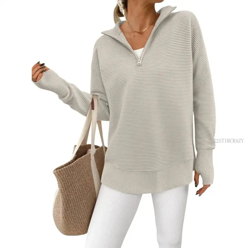 Women's Basic Loose-Fitting V-Neck Quarter-Zip Long Sleeve Ribbed Knitwear Pullover Sweater with Thumb Holes, Casual Lady's Jumper Tops22STIRCRAZY