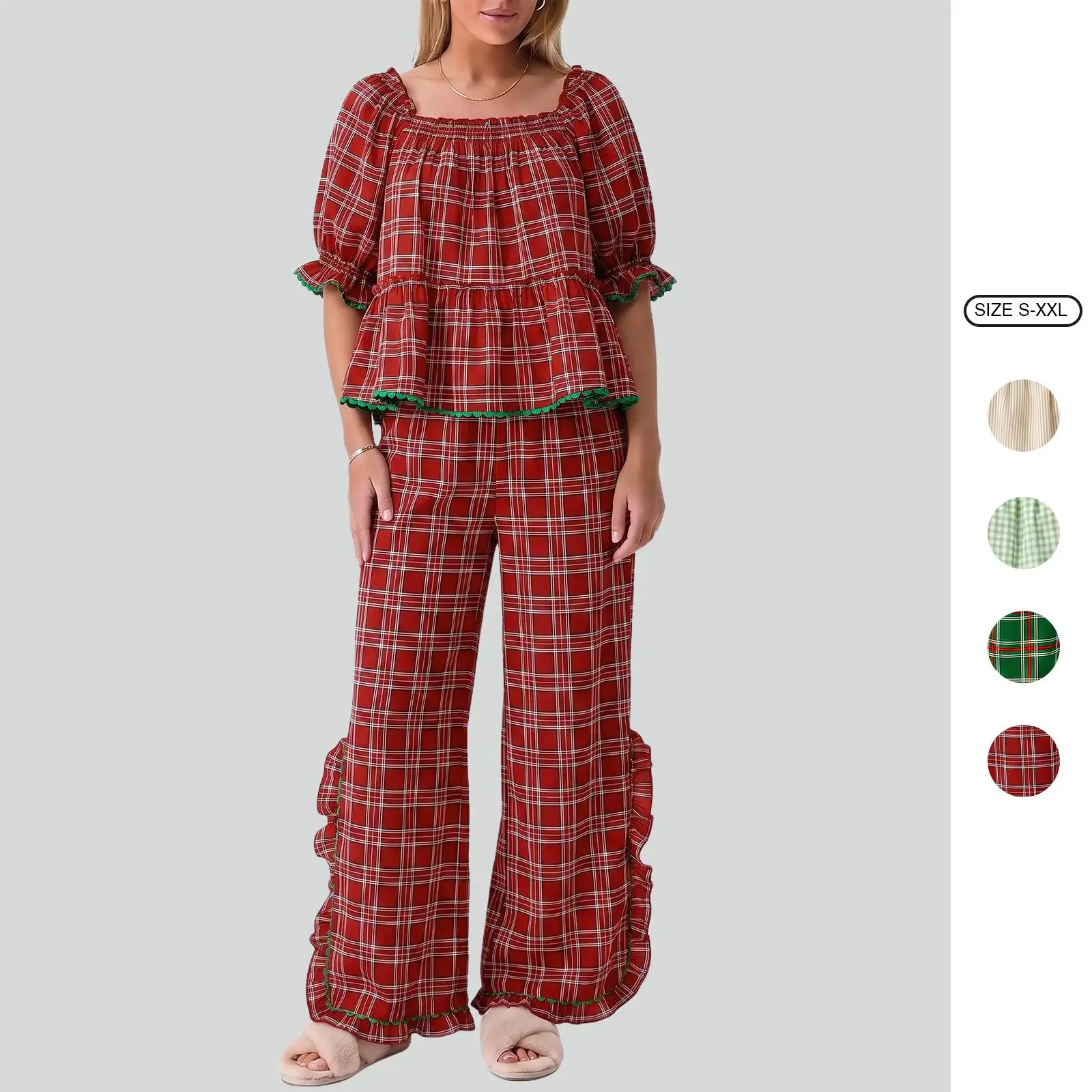 Imily Bela Women Plaid Ruffle Two Piece Pajama Sets Square Neck Puff Short Sleeve Crop Top Wide Leg Pants Matching Loungewear