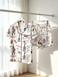 Women's Button-Down Short Sleeve Top & Shorts Pajama Set, Romantic Musical Element Print, White Base, Black Piping, Front Pocket, Spring Summer Wear, Comfortable Cozy Loungewear