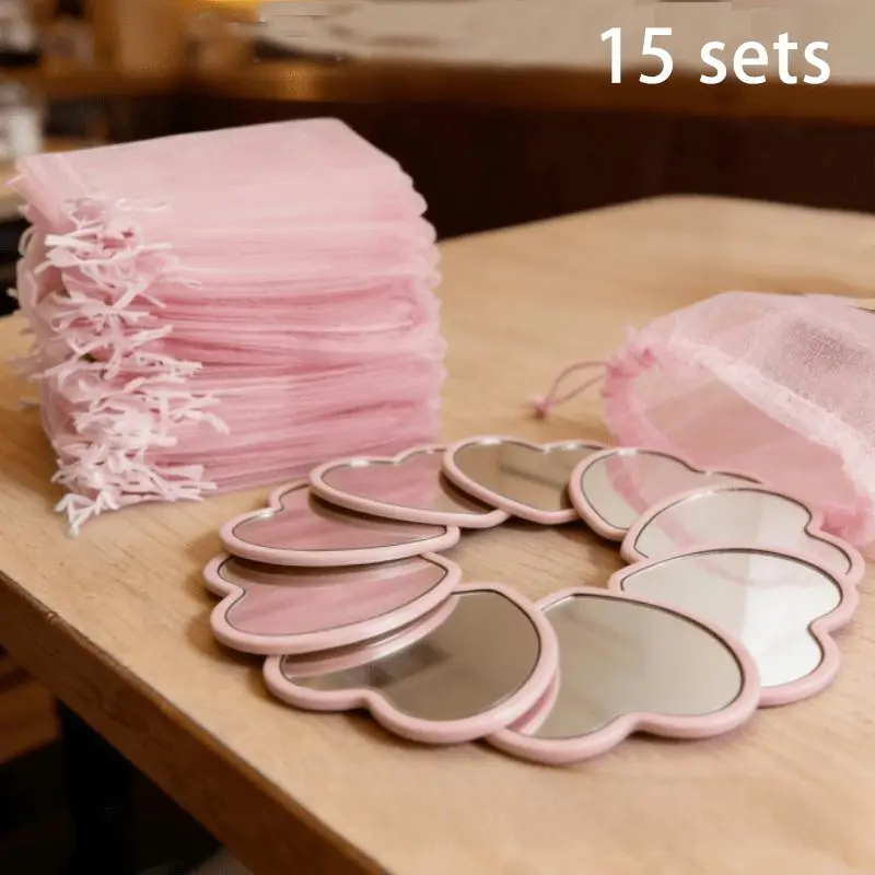 15 Pcs Heart-Shaped Pocket Mirror Set, Portable Makeup Mirrors with Storage Bags, Ideal for Wedding Gifts, Party Favors, Travel Accessories