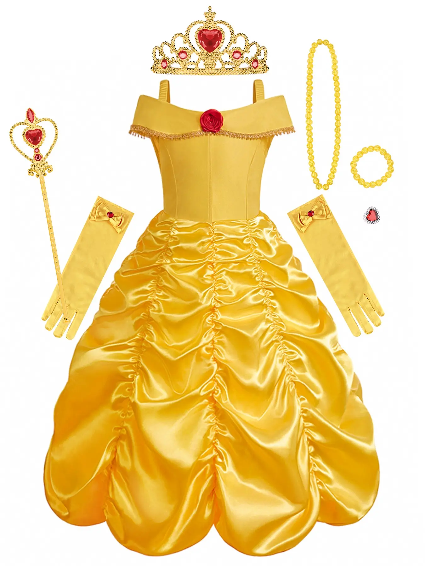 Little Girls Vintage European Royal Golden Princess Costume Dress, Off Shoulder Fringe Trim Bodice Red Rose Ornament Heavy Ruched Draped Satin Maxi Skirt, Full Ruby Beaded Accessory Set for Birthday Banquet Pageant Themed Outdoor Photoshoot