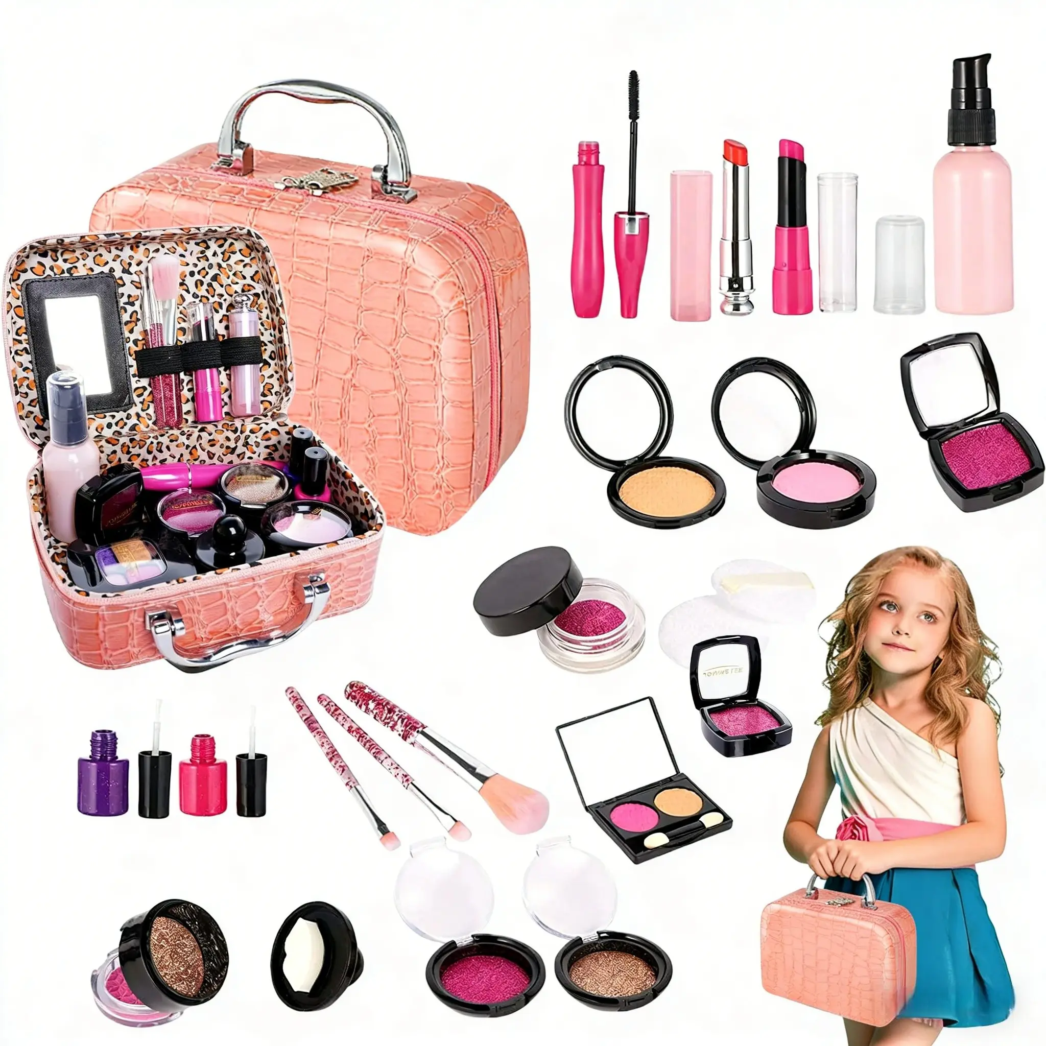Kids Makeup Toy Set, Pretend Play Set, Realistic Cosmetic Playset, for Kids Vanity, Non-Toxic Lipstick Nail Polish Props, Christmas Gift Box for Girls