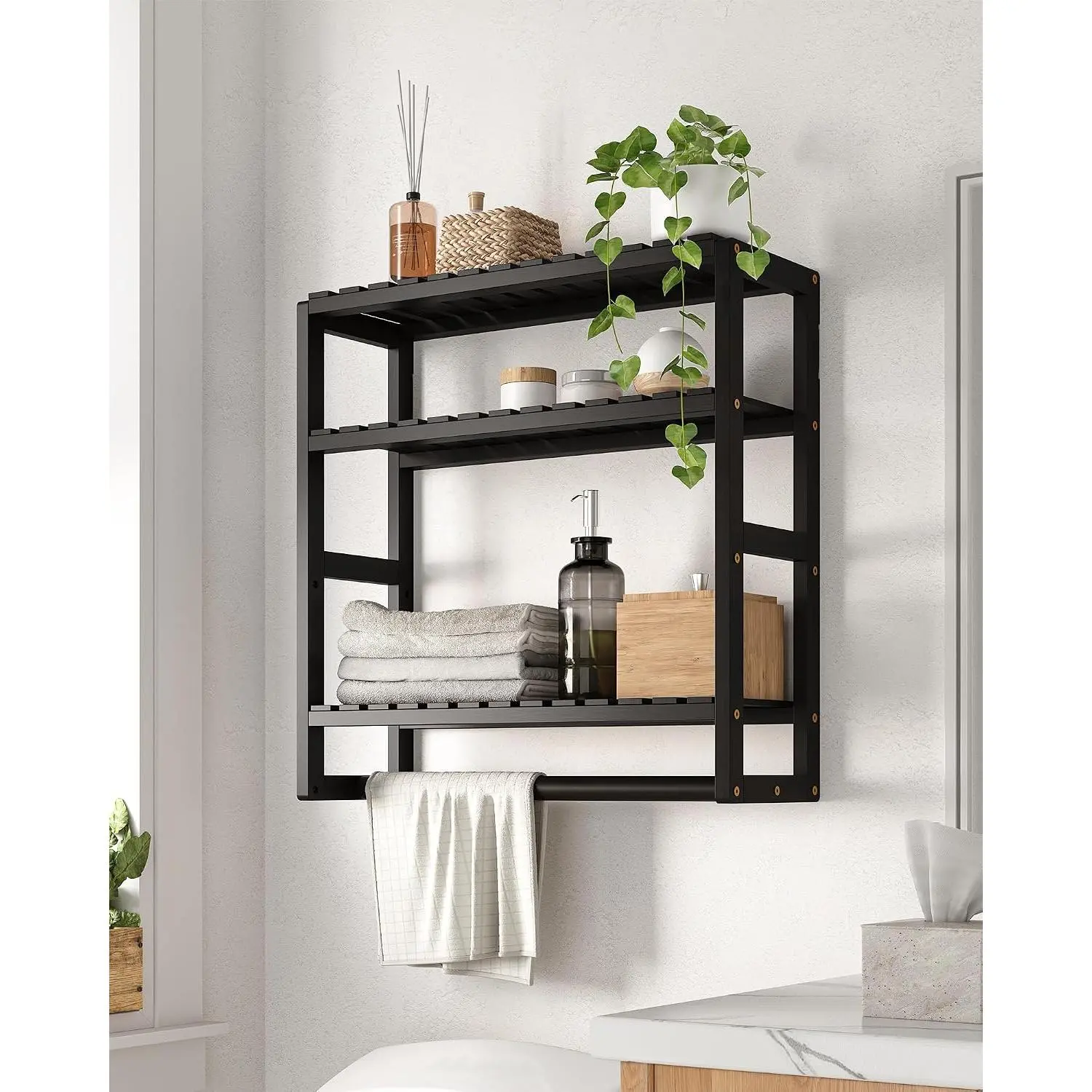 Over The Toilet Storage Bathroom Shelves Wall Mounted 3 Tier Black | Space Saver Corner Shelf Organizer  Towel Rack Toilet Paper Cabinet with  Rod