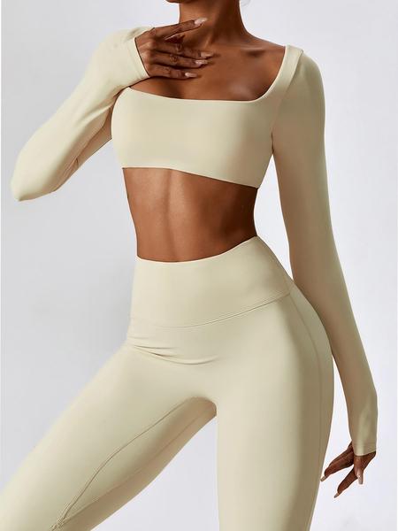 Women's Solid Square Neck Crop Top & High Waist Flare Leg Pants Set, Sporty Comfy Breathable Long Sleeve Top & Bell Bottom Trousers Two/Four-piece Outfits for Yoga Workout, Ladies' Clothes for All Seasons, Gym Wear, Sweatsuit Set