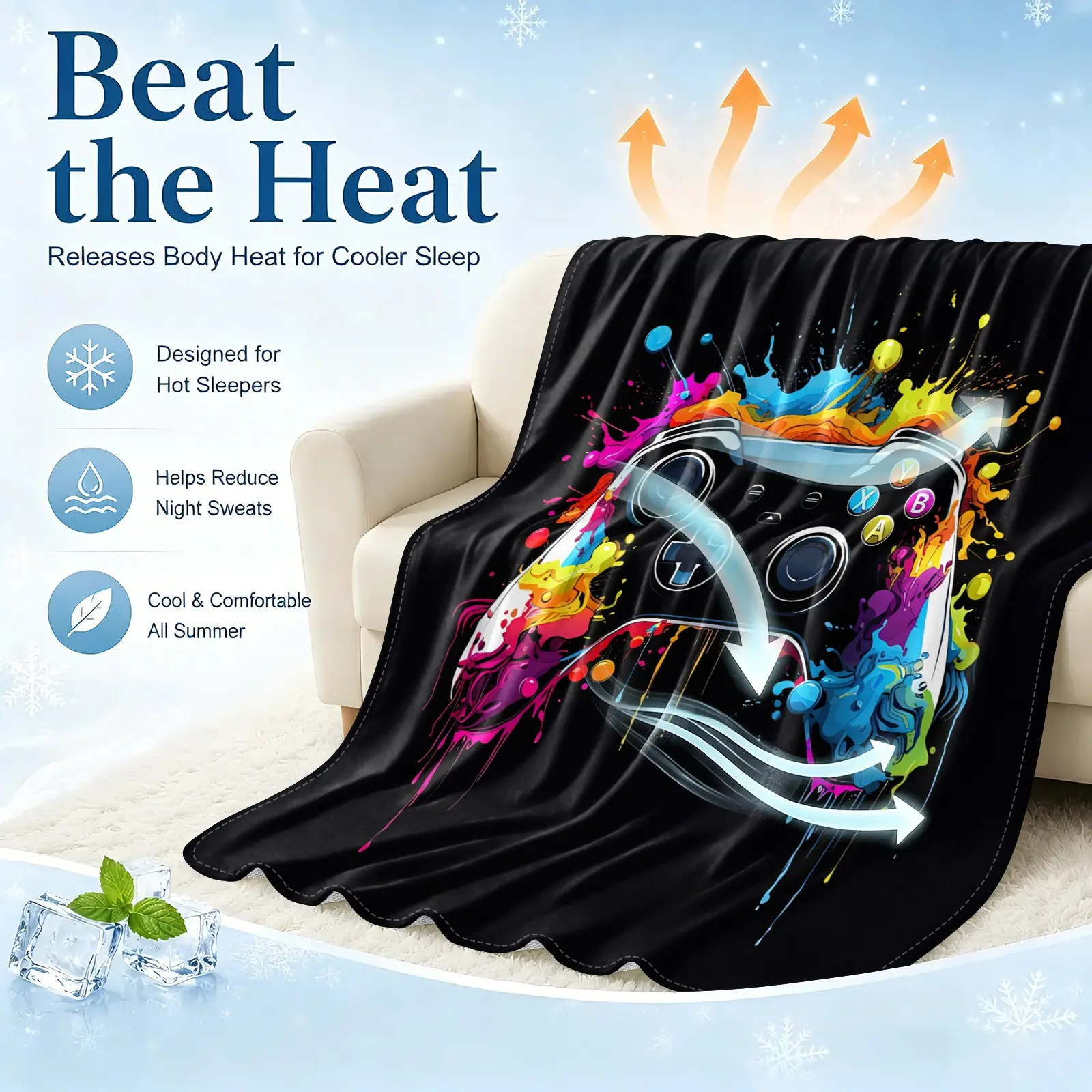 Colorful Splash Game Controller Cooling Throw Blanket, Arc-Chill Icy Touch for Hot Sleepers, Lightweight Breathable Summer Cover, Multi-Purpose Sofa Bed Cover, Vibrant Gamer Gaming Print for Bed Couch Travel, Perfect Summer Gift