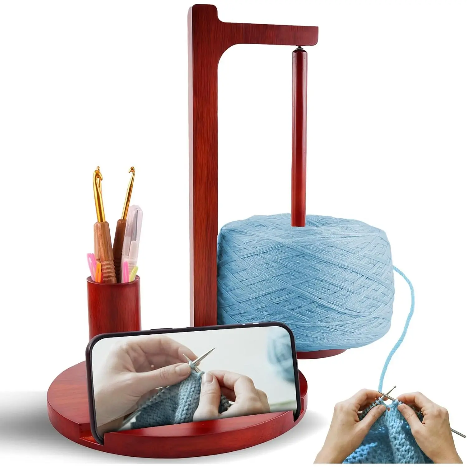 Yarn Holder for Crocheting and Knitting, Wooden  Yarn Spinner Rotating Holder with Crochet Hooks and , Phone Stand and Storage Organizer, Ideal  for Knitting Lovers