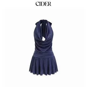 Cider Mesh Halter Neckline Bowknot Skater Mini Dress With Rhinestone Dots Dealsforyou
