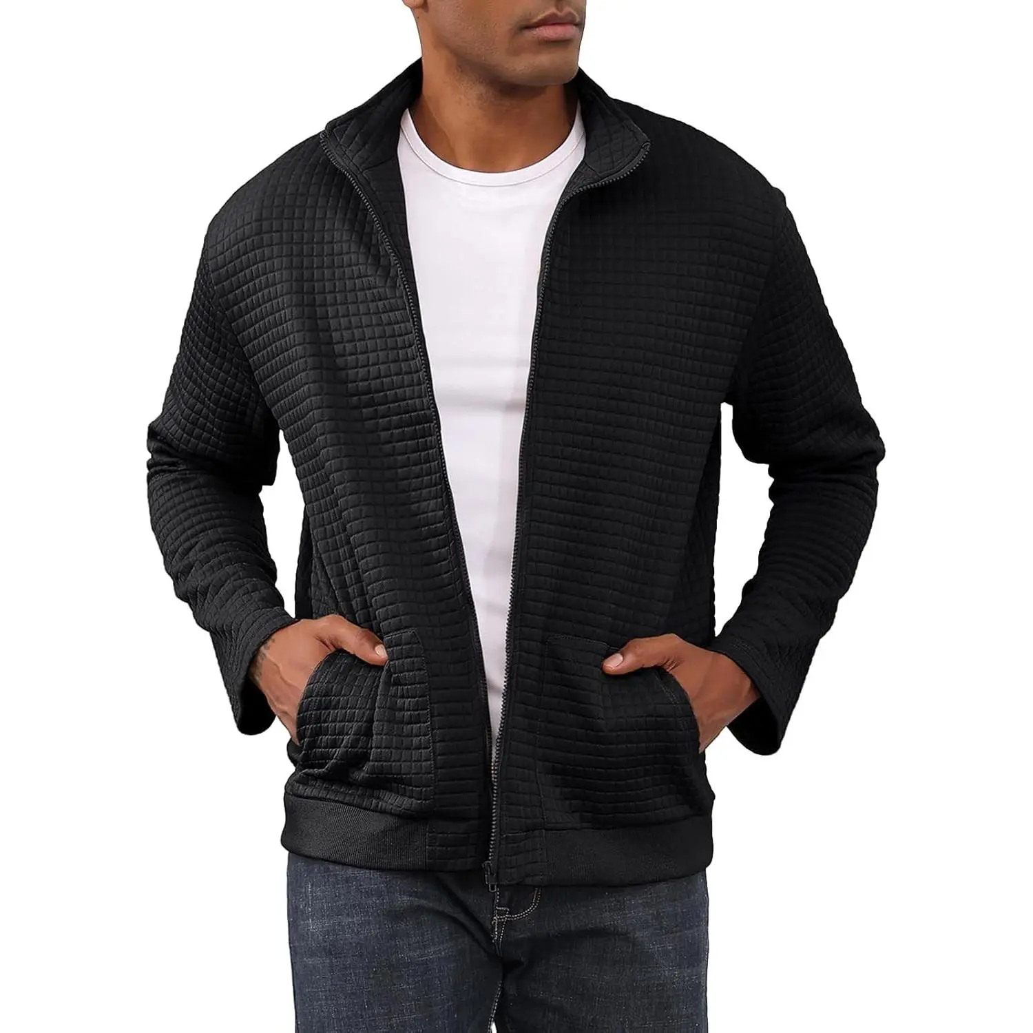 Men's Lightweight Varsity Jacket Spring Casual Stylish Bomber Jacket Waffle Zip Up Coat with Pockets(Gift)
