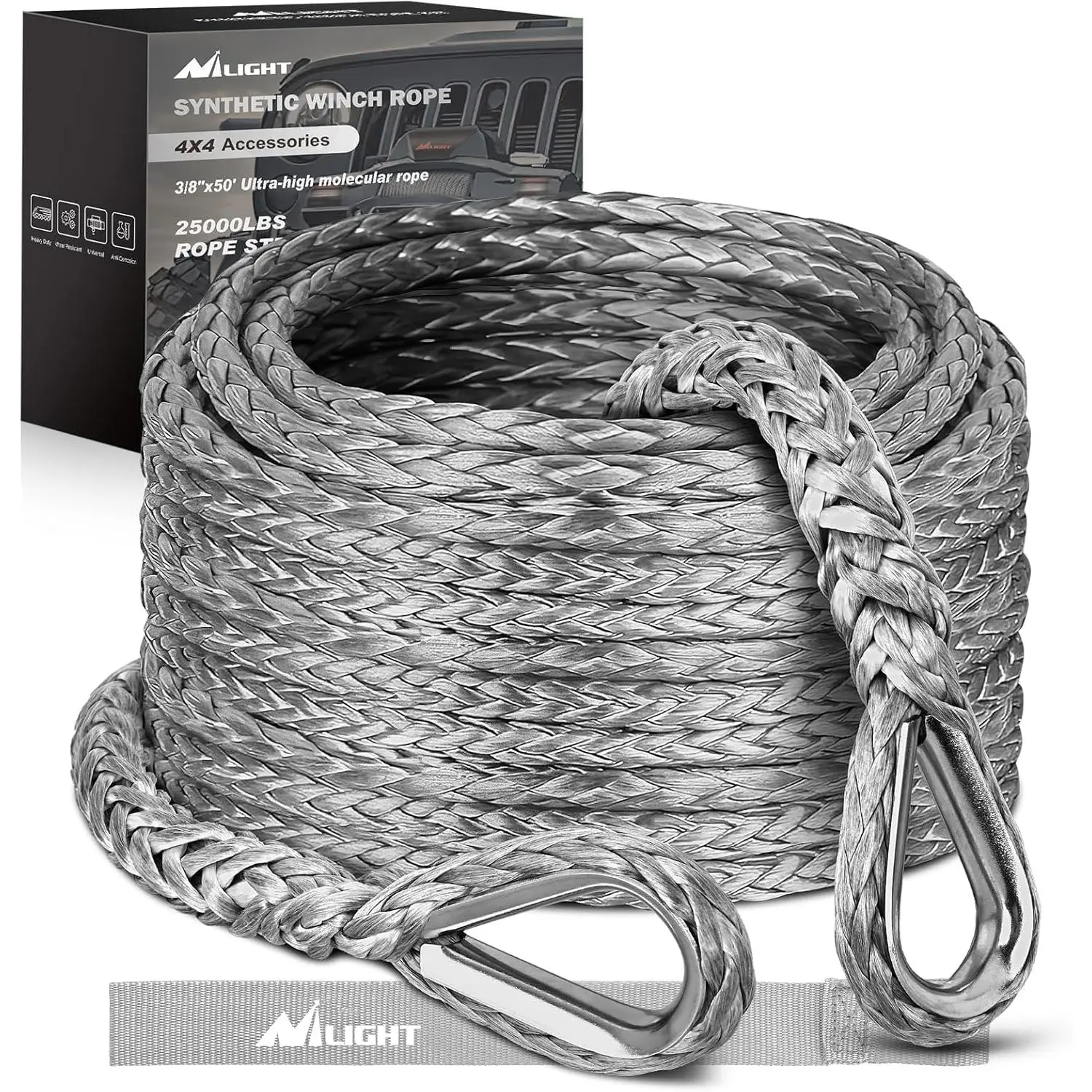Nilight Synthetic Winch Rope Extension 3/8 Inch x 50 Feet 25,000 Lbs ATV Winch Extension Cable Replacement Tow Ropes Line for Off Road Vehicle Polaris ATV UTV Truck SUV Jeep, Grey