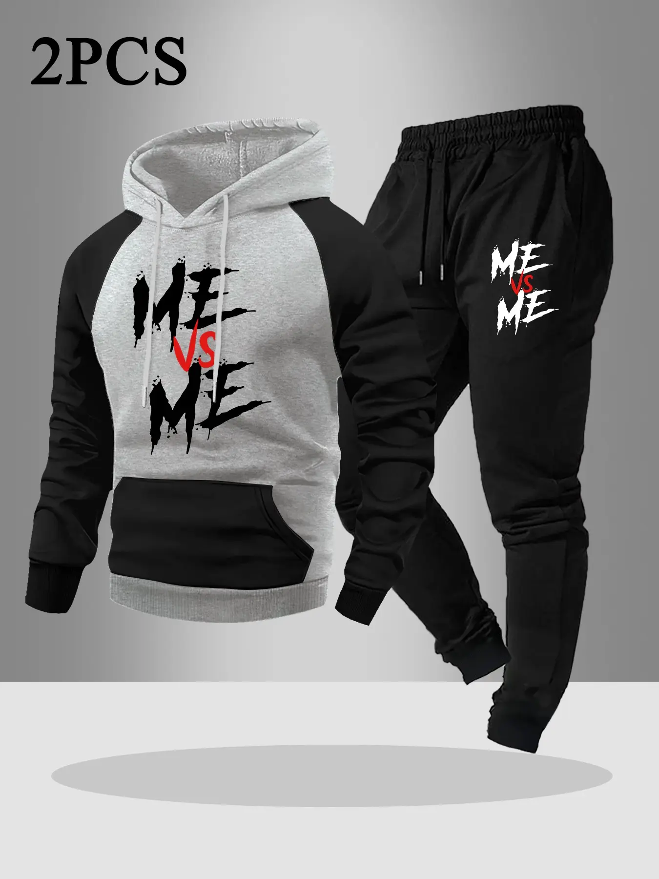 Men's Two-Piece Sportswear Set, Colorblock Hooded Sweatshirt and Drawstring Pants, Motivational Letter Print, Casual Fall & Winter