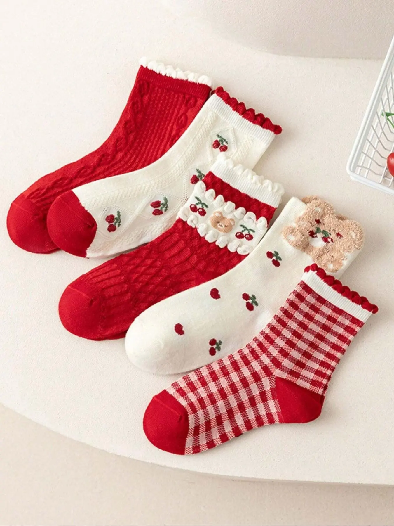 5 Pairs Kids Socks, Knitted Socks, Autumn Winter Ankle Socks, Baby New Year Socks, Cute Bear Sweet Lace Socks, Fashion Cherry Pattern, Daily or Festival Wear