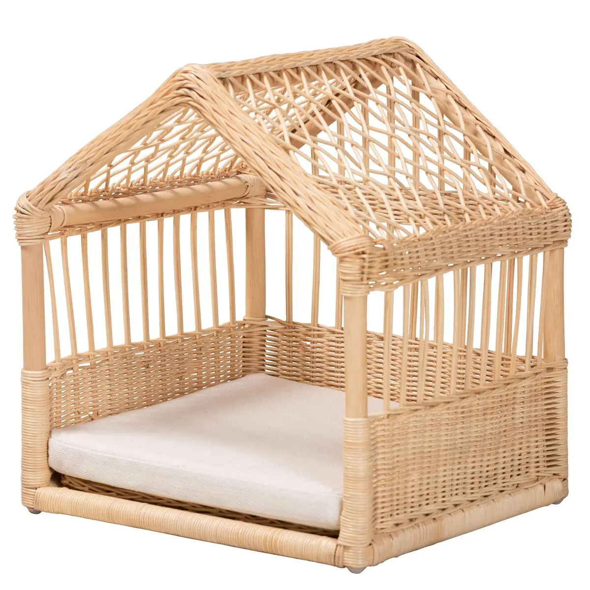 Aobtkel Modern Bohemian Enclosed Canopy Natural Rattan Dog Bed - Detachable, Openwork Weave, Foam-Padded, All-Seasons, Bamboo-Like Embellishments, Bohemian Look, Boosts Sense of Security, Exotic Relaxation, Security Boost