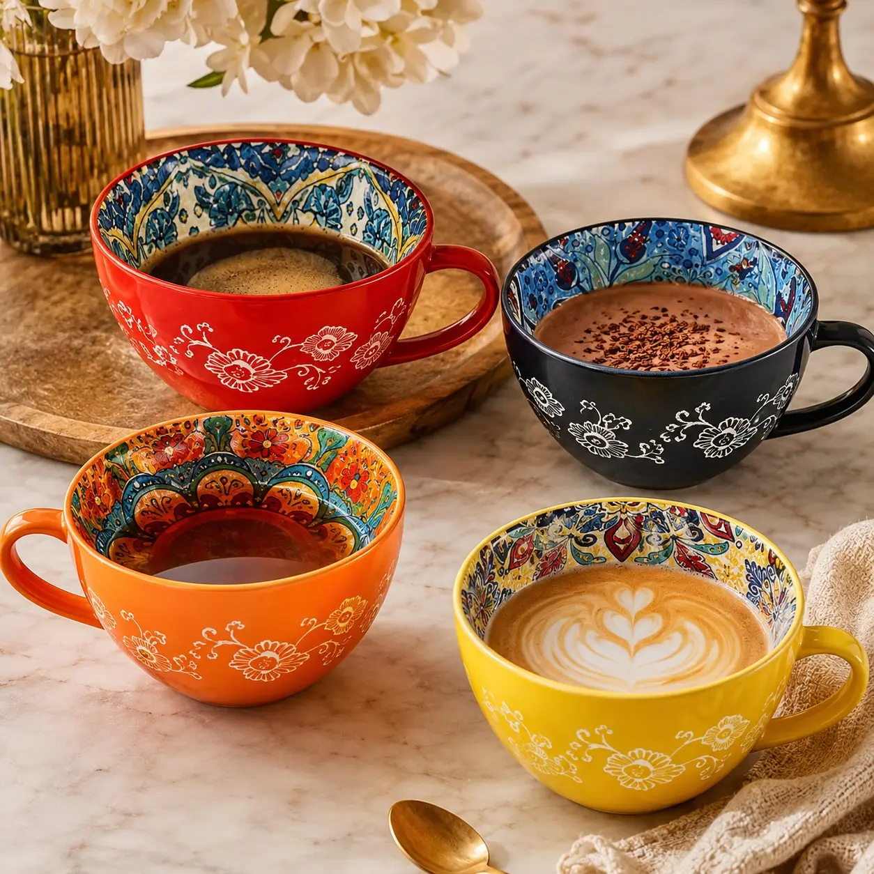 Bohemian Style Ceramic Mug Sets of 4, High Value Large Capacity 13.5 Oz, Microwave Safe, Ideal for Milk Oatmeal Coffee Drinks, Tea Cup, Stylish Drinkware