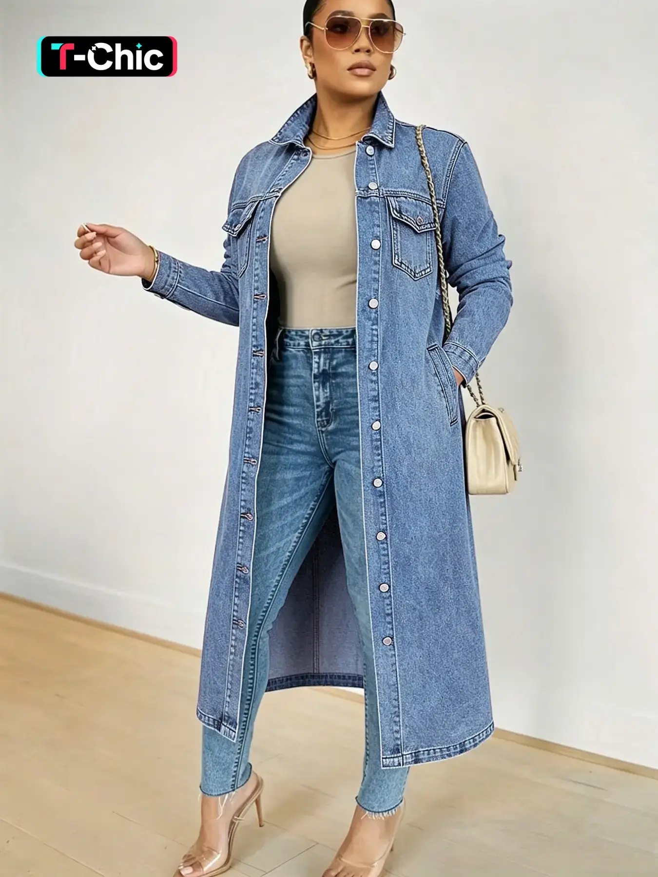 Women's Button Front Denim Coat, Elegant Casual Long Sleeve Denim Jacket Fashion Fit Jacket for Spring & Fall, Women's Clothing for Daily Wear, Jean Denim Jacket